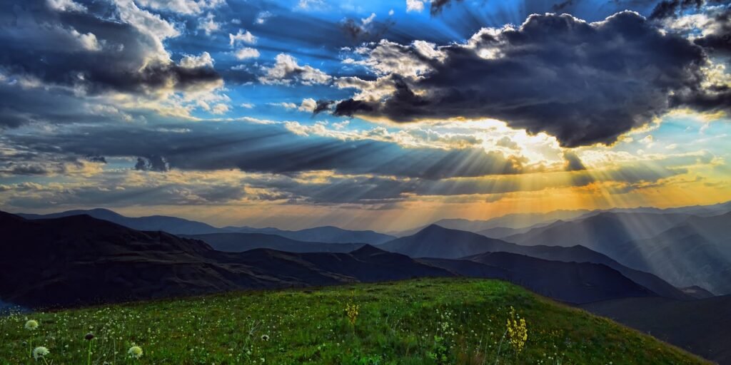 mountains, field, clouds