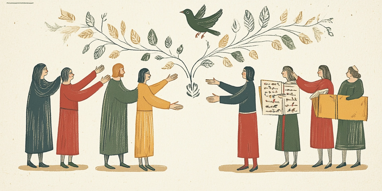 Estudo Bíblico Indutivo: Reconciliação entre Judeus e Gentios em Cristo (Efésios 2:11-22) 1 20250321 two distinct groups of people extending hands towa u1